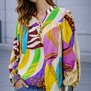 ATE Colorful Abstract Floral Blouse | Boho Long Sleeve Lined Top |‎ Size Small